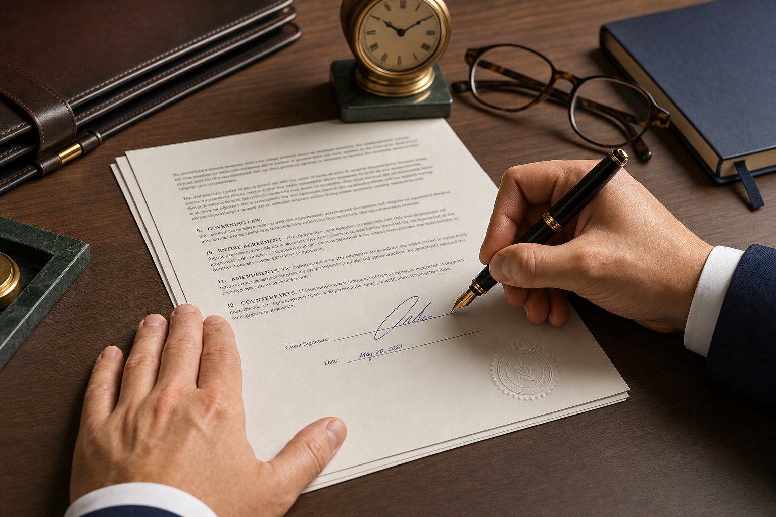 A hand signing a printed business contract with a fountain pen beside a portfolio, glasses, notebook, clock and an embossed seal