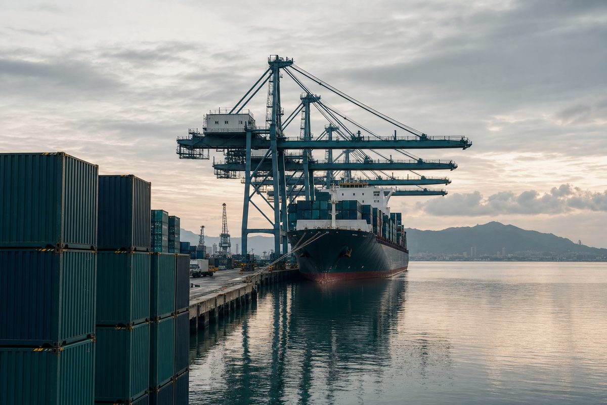 Container ship being loaded at an international shipping port at dawn