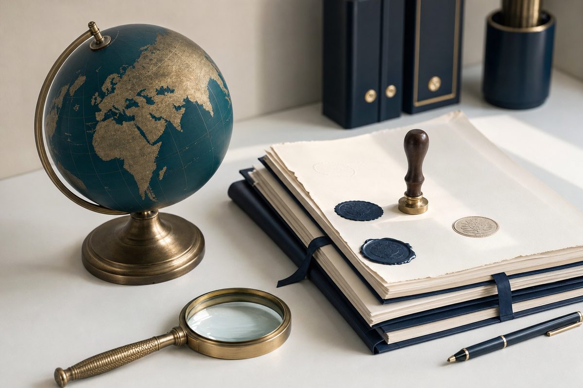 A teal globe beside a stack of officially sealed and stamped documents and a magnifying glass